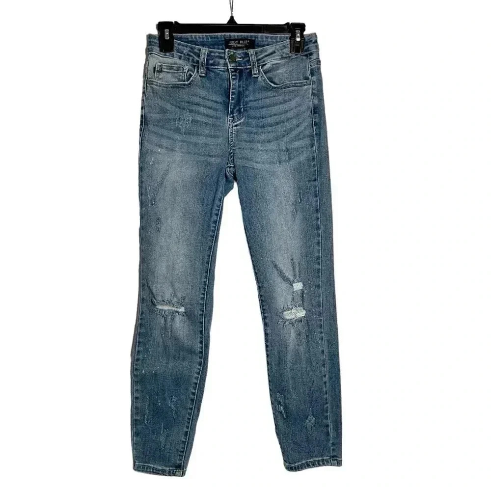 Judy Blue Relaxed Fit Distressed Jeans Mid Rise‎ Med Blue Wash Denim Women Sz 28